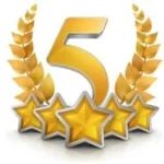 A five star rating with gold stars and the number 5.