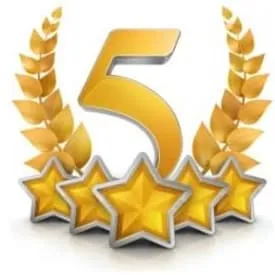 A five star rating with gold stars and the number 5.