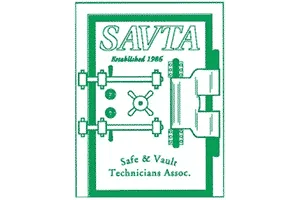 A green and white logo for the safe & vault technicians association.