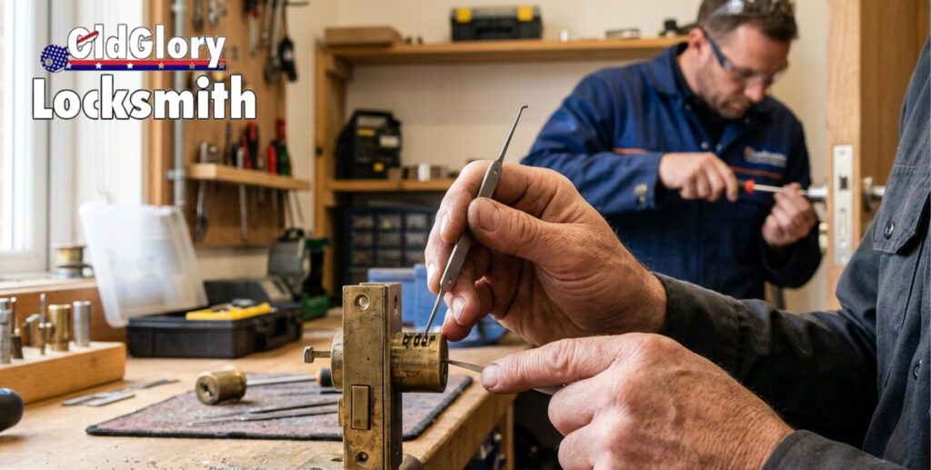Locksmiths working on a lock cylinder in a shop.